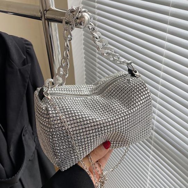 Glitrende Rhinestone Skuldertaske til Kvinder - Bling Håndtaske Perfekt til Fester, Klubber og Dates - Sølv, One Size