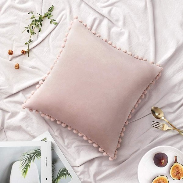 Pakke med 2 fløjlspudebetræk Pompom dekorative pudebetræk Solid blødt pudebetræk med poms Firkantet til sofa Sofa Soveværelse Bil 18x18inch Da 16 x16 Pink