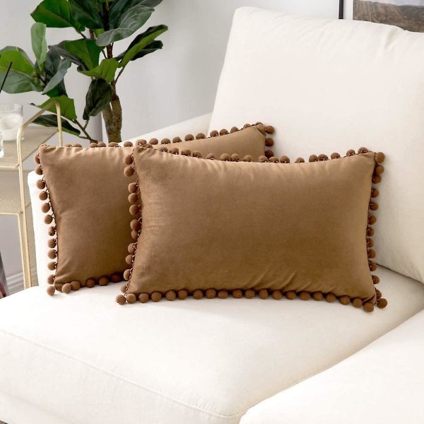 Pakke med 2 fløjlspudebetræk Pompom dekorative pudebetræk Solid blødt pudebetræk med poms Firkantet til sofa Sofa Soveværelse Bil 18x18inch Da 12 x20 Brown