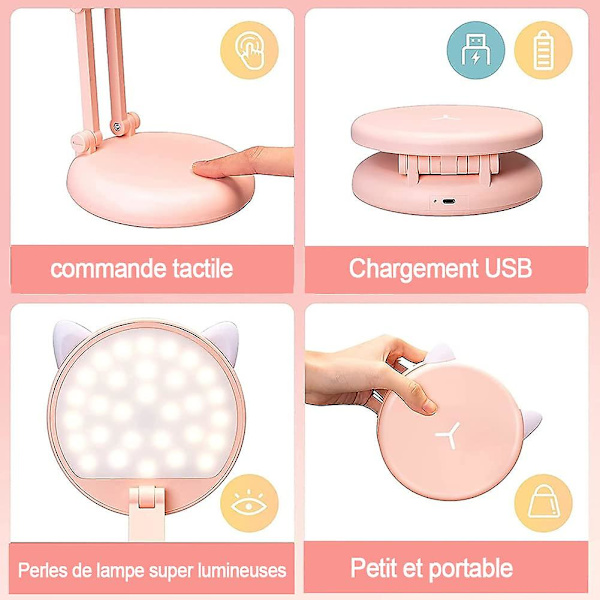 Led skrivebordslampe for barn, rosa kattøre nattbordslampe for jenter, justerbar