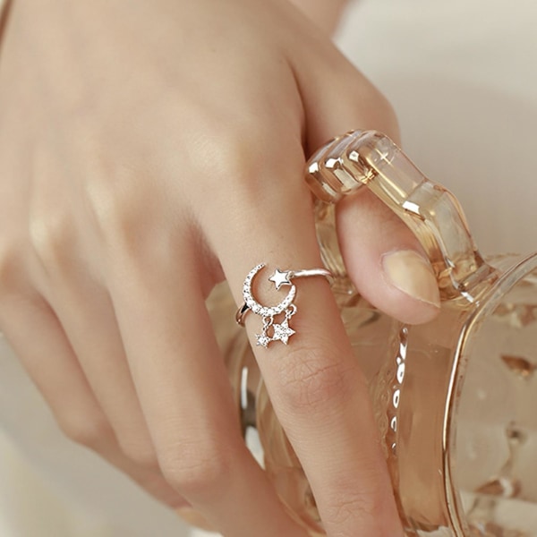 Kvinder Ring skinnende Rhinestone Rustfri Åbning Måne og Stjerne Knuckle Ring Bride smykker Platinum