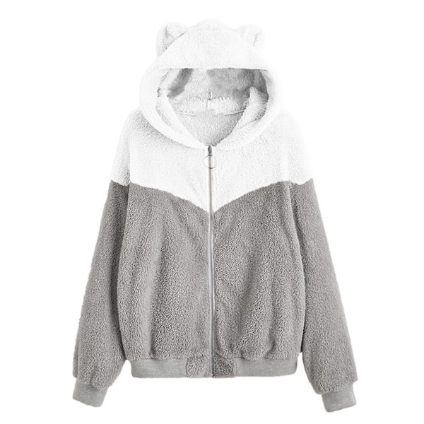Vinterplysch hoodie med dragkedja för damer med söta björnhörselkåpor White M