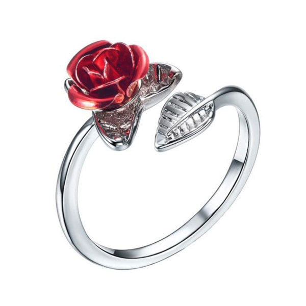 Dame Circlet Red Rose Åpningsblad Justerbar Dame Ring for Valentinsdag Silver