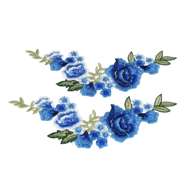 2 st Blå Ros Blommönster Polyester Silke DIY Sömnad Broderi Patch för T-shirts Väskor