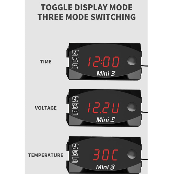 Vit bil 12v 3 i 1 termometrar Voltmeter Mätare Elektronisk klocka Led Digital Display
