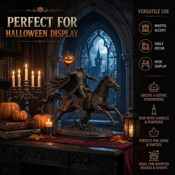 Belyst hodeløs rytterstatue, LED-gresskarhest Halloween-dekor