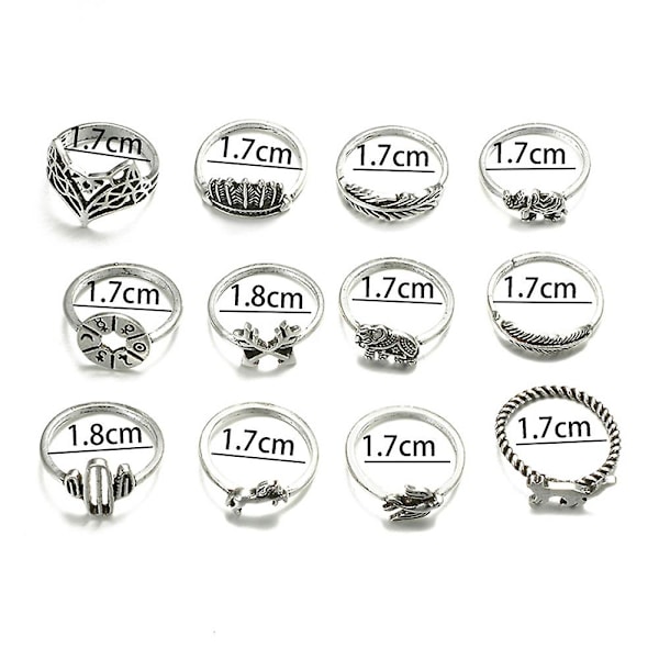 12kpl/ set Leaf Fox Elephant Design Sormukset Lady Vintage Knuckle Midi Pinottava Sormus