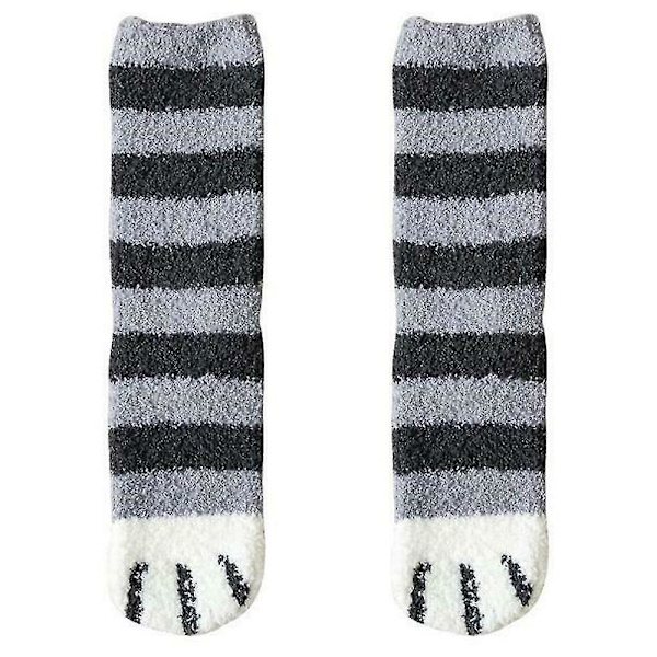 Kvinnor Varm Rolig Fluffig Cat Paw Mjuk Säng Tofflor Strumpor Grey Striped