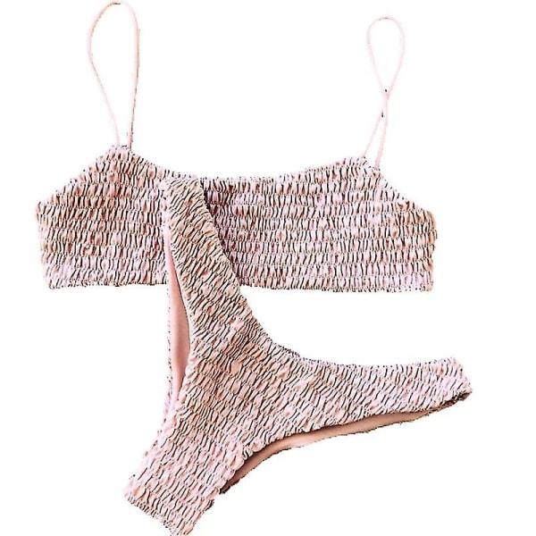 Kvinder Sommer Crinkle Bikini Sæt Plain Badetøj Badedragt Pink M