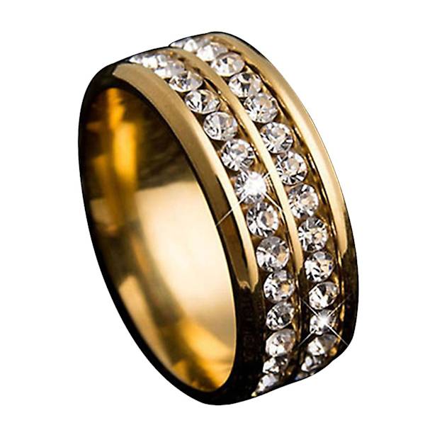Ring bred bredd Fadeless titan stål dubbla rader strass unisex smycken för bröllopsfest Golden US 9