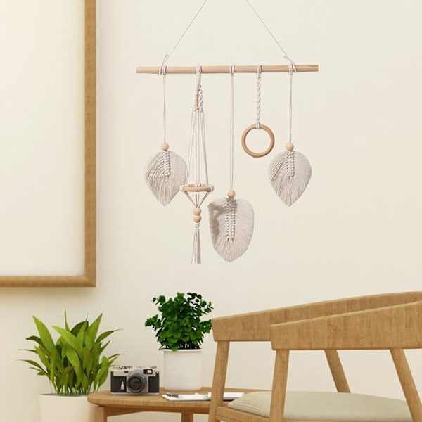 Macrame Tapestry Boho Woven Beige Leave Design Makrameen ripustettava sisustus lastenhuoneeseen