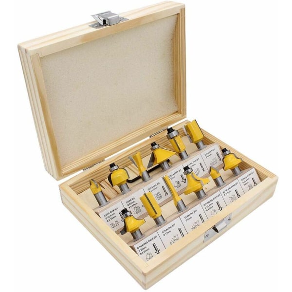 8 håndtak 12 stykker gul trekasse 12 stykker trebearbeidingskuttersett Trefreserbiter med oppbevaringsboks i tre,