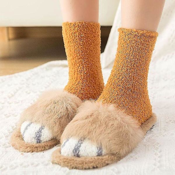 Kvinnor Varm Rolig Fluffig Cat Paw Mjuk Säng Tofflor Strumpor Yellow