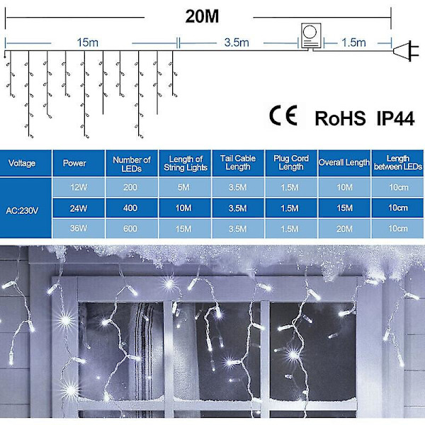 20m 200 Led Jäätävä sade Fairy Lights Jääpuikko Joulu Fairy Lights Lamppu Fairy Lights Party Ip44 Outdoor Indoor Cool White - Cool White Cisea