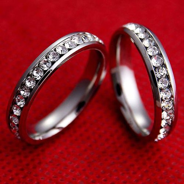 Män Kvinnor Par Lover Rhinestone Titanium Stål Förlovningsring Bröllopssmycken Silver US 11