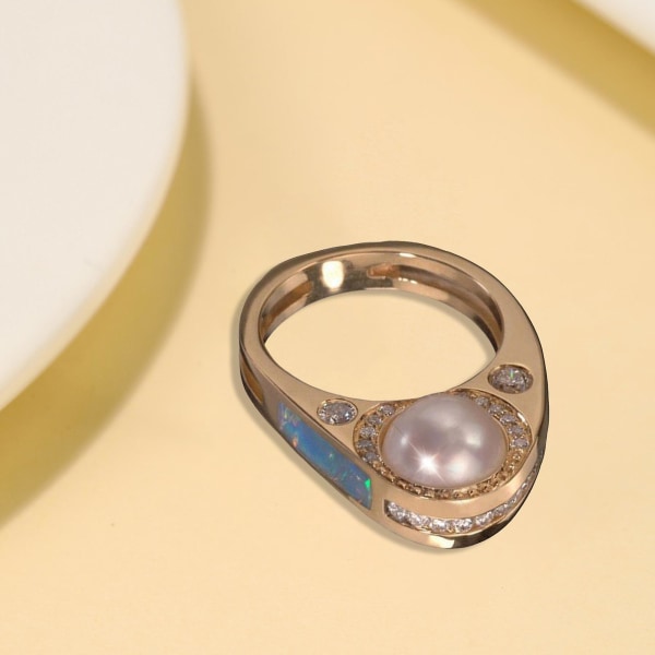 Golden Women Ring Elegant Artistic Faux Pearl Finger Ring Smycken Tillbehör US 8