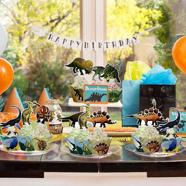 24st Dinosaur Cupcake Toppers Och 24st Dinosaur Cupcake Inpackningar, Dinosaurie Tårtdekorationer För Barn Fest Dinosaurie Födelsedagsdekoration Pojkar Gi
