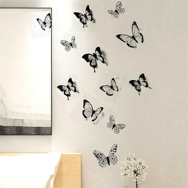 12 stk Sort Hvid 3D Butterfly Home Decor Wall Stickers