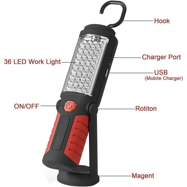 USB oppladbart utendørs nødarbeidslys med stativ (rød),