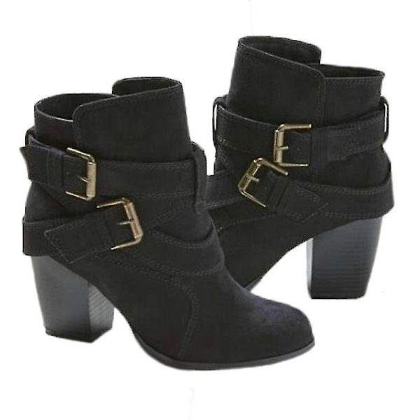 Kvinder spænde ankelstøvler Mid Block Heel Booties Sko Black 40