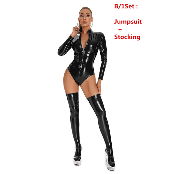 Hot faux skinn catsuit erotisk kvinner sexy dameundertøy PVC lateks bodysuit front glidelås Bodycon jumpsuits med strømpestretch Black-B L