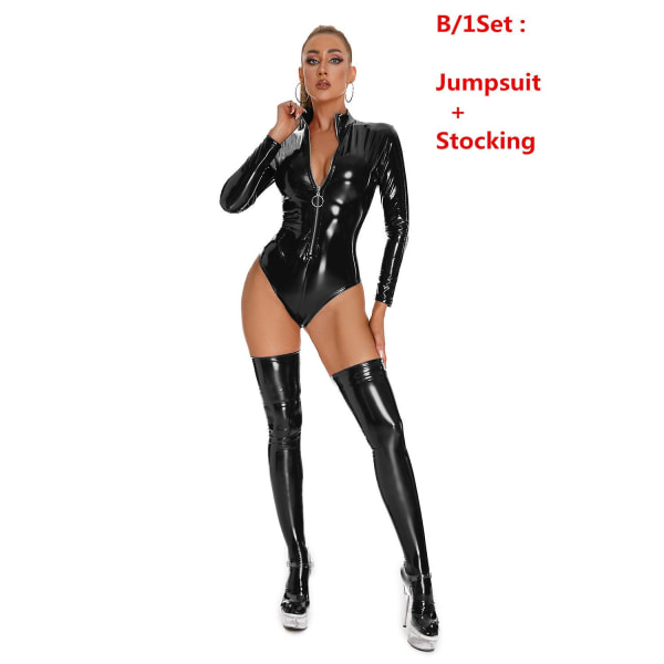 Hot faux skinn catsuit erotisk kvinner sexy dameundertøy PVC lateks bodysuit front glidelås Bodycon jumpsuits med strømpestretch Black-B S-M