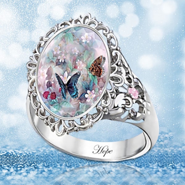 Dam Smycken Tillbehör Elegant dekoration Oval Cut Emalj Blomma Butterfly Ring För Party US 5