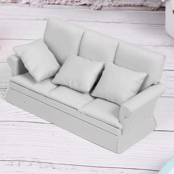 12 Dukkehus Mini Sofa med 3 Puter Stue Møbler Tre Dukkehus Dekor Tilbehør Grå