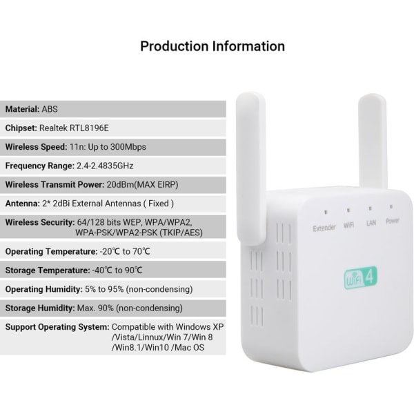 Hvid europæisk EU-forordning Network Repeater 300M Wireless Signal Booster Network Booster,