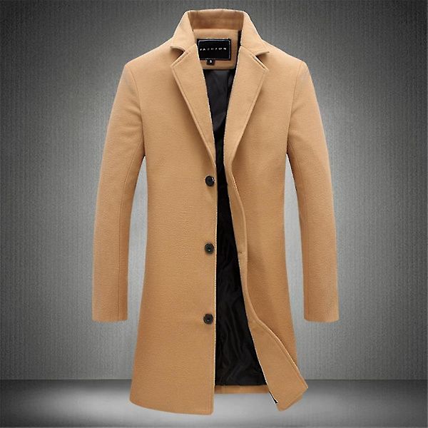 Mænd mellemlang uldfrakke Solid revers Mode Slim Fit Overfrakke M Khaki