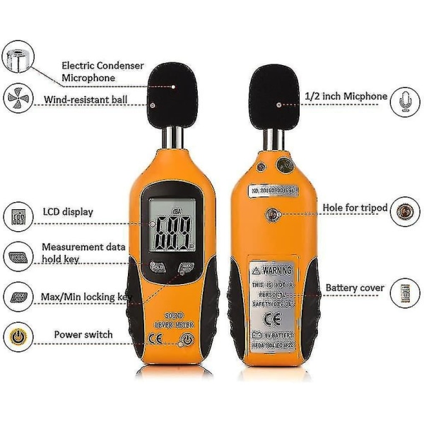 Håndholdt decibelmåler med LCD Display 1 stk - Gul