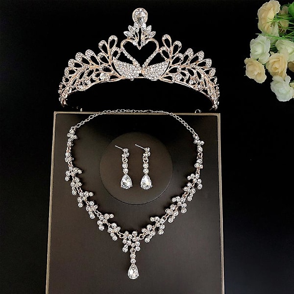 Bröllopsbröllops tiaror Crown Set med örhängen Kit & Necklack Handgjorda lyxiga Crystal hårtillbehör Gold 1