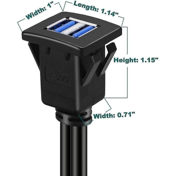 USB -paneelin uppoasennuskaapeli USB 3.0 -laajennus kojelautaan kiinnitettävä uppoasennus paneelin kiinnityskaapeli autovenemoottoripyörään (neliömäinen Dual USB 3,0 1m Cisea