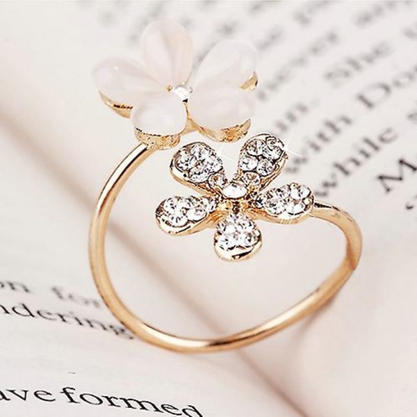 1 stk Elegant Double Daisy Flower Ring Rhinestone Justerbar Åpen Ring smykker