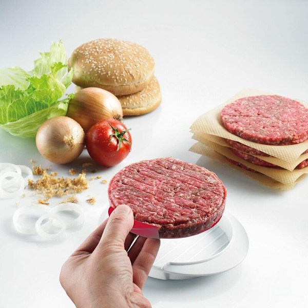 Hamburgerpress med bifflyftmekanism, Hamburgerpress, innerdiameter 11 cm, tillverkad av plast, vit/röd,