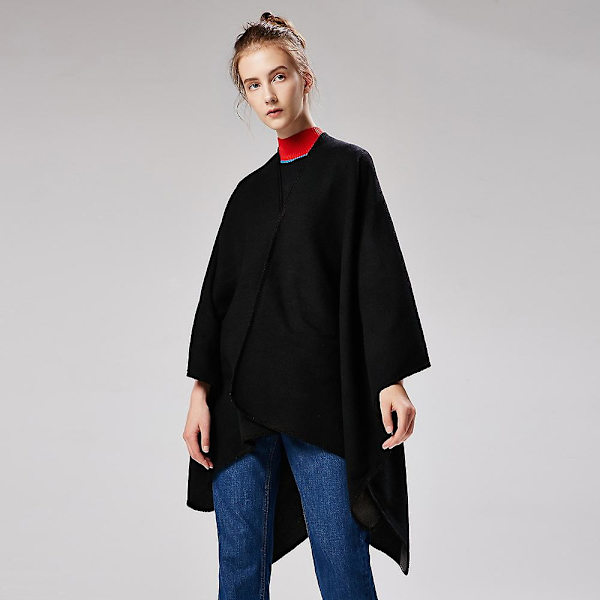 Solid Cashmere Wide Slid Cape, Warm Mono Cape, Plain Cape black and gray