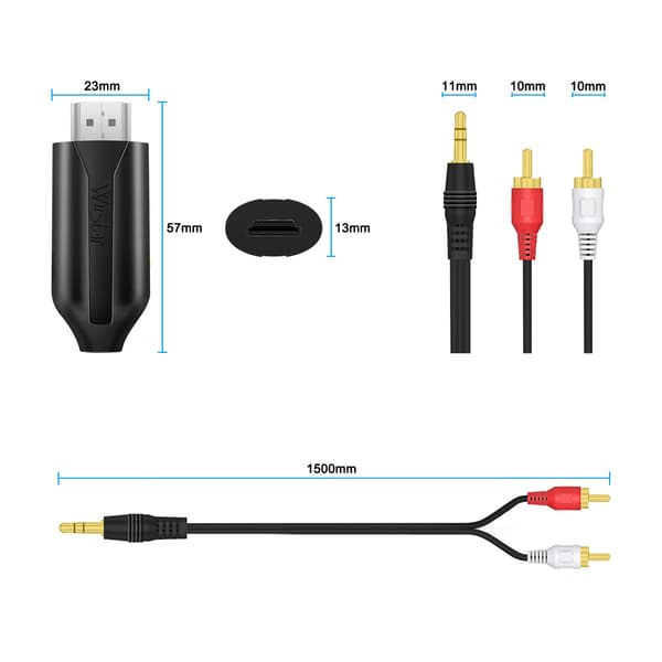 HDMI ARC til RCA Lydudtrækker Adapterkabel, HDMI ARC til 2RCA V/H Analog Lydkonverter til Højttalere Soundbar Lydsystem