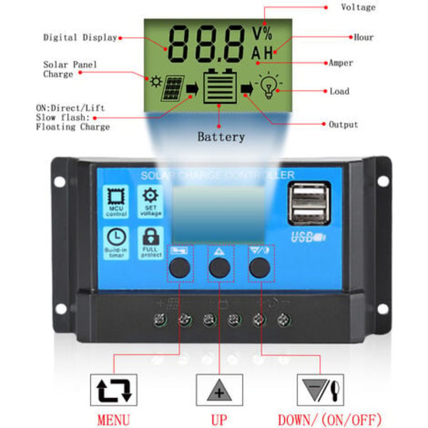 MPPT aurinkolatausohjain LCD-näytöllä 12V/24V Dual USB Solar Panel Smart Battery Regulator 10A käyttövirta