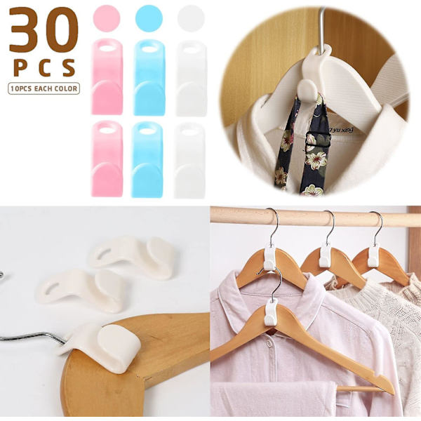 30 Pack Plastic Bøjlekroge Pladsbesparende Garderobeskab Havekroge Blå Pink Hvid