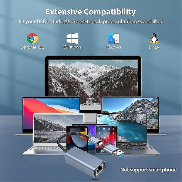 USB 3.0 til Ethernet-adapter med USB C til RJ45 Gigabit LAN 1000 Mbps kablet netværk, netværksadapter, til Windows-yuyu Som visas