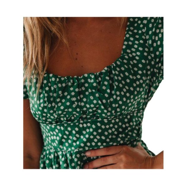 Hot kvinders korte ærmer blomsterprint sommer afslappet mellemlængde swing kjole Green 2XL