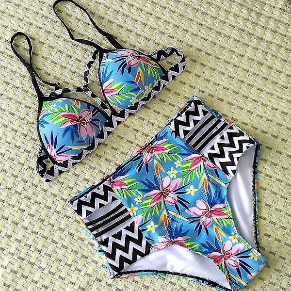 Kvinder Blomsterhøjtalje Push Up Bikini Sæt Polstret Badedragt