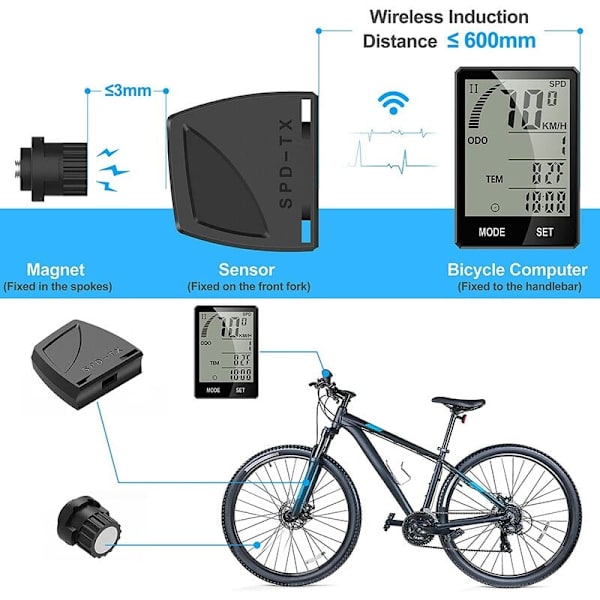 Trådlös cykeldator, 21 multifunktionscykelhastighetsmätare med automatisk väckning, LCD-bakgrundsbelysning, cykelvägmätare, cykeltillbehör
