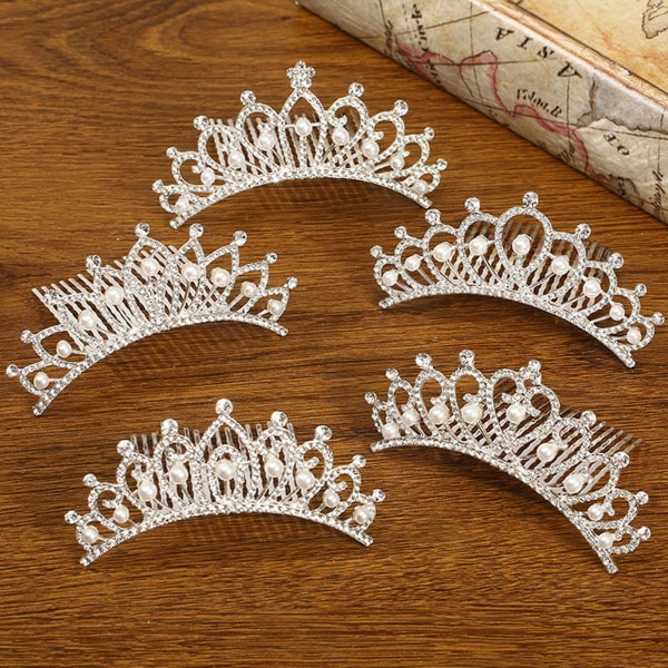 Indsæt Kam Legering Indlagt Perle Krone Hår Smykker Rhinestone Dame Tiara Four