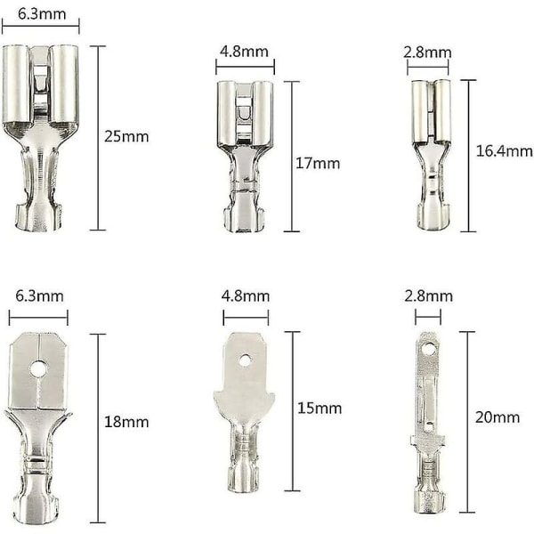 270 stk Elektrisk Lug, t-kontakt Wire Connector, Hanne Spade Crimp Wire Connectors Terminal Block med isolasjonshylse 2,8 mm 4,8 mm 6,3 mm