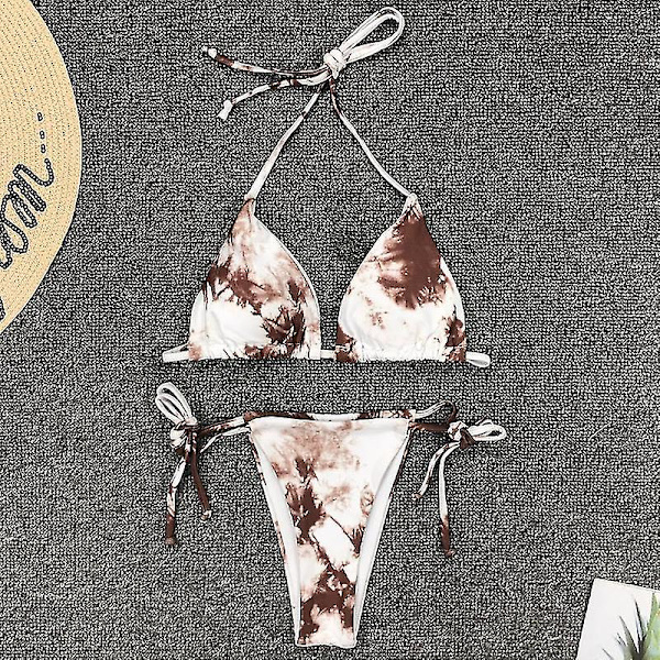 kvinnor Bandage Tie Dye Grimma Bikini Set Vadderade badkläder brasiliansk baddräkt Khaki L