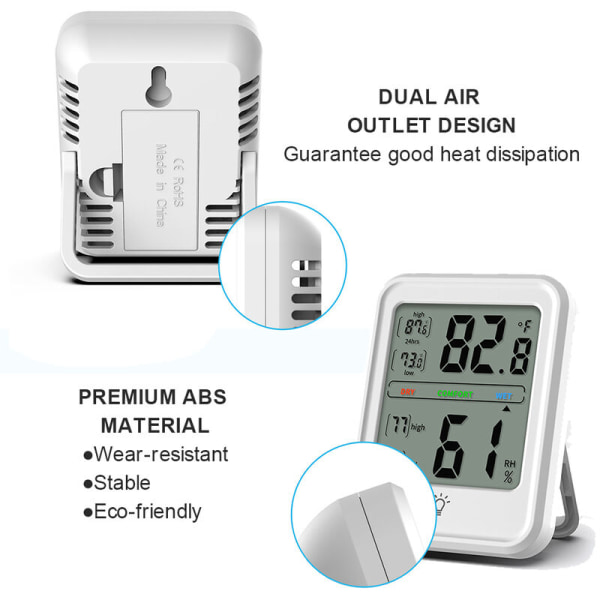 Stor skärm vit elektronisk temperatur- och luftfuktighetsmätare trådlös väderstation torr- och fuktighetsmätare,