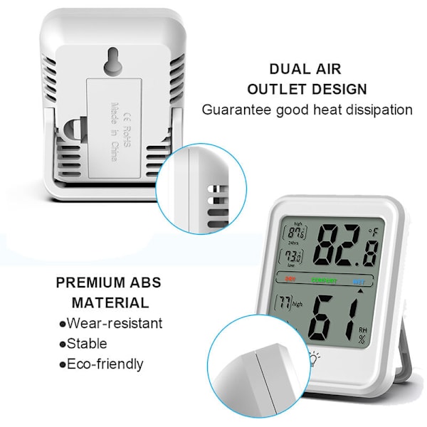 Stor skjerm hvit elektronisk temperatur- og fuktighetsmåler trådløs værstasjon tørr- og fuktighetsmåler,