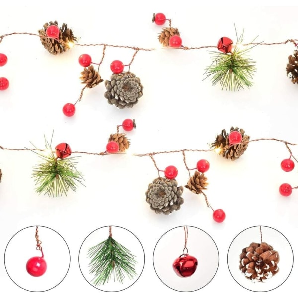 Stykker Christmas Berry Holly Garland, 204cm LED Light Garland Christmas Berries Pine Cones Garland Deco for Christmas Cr