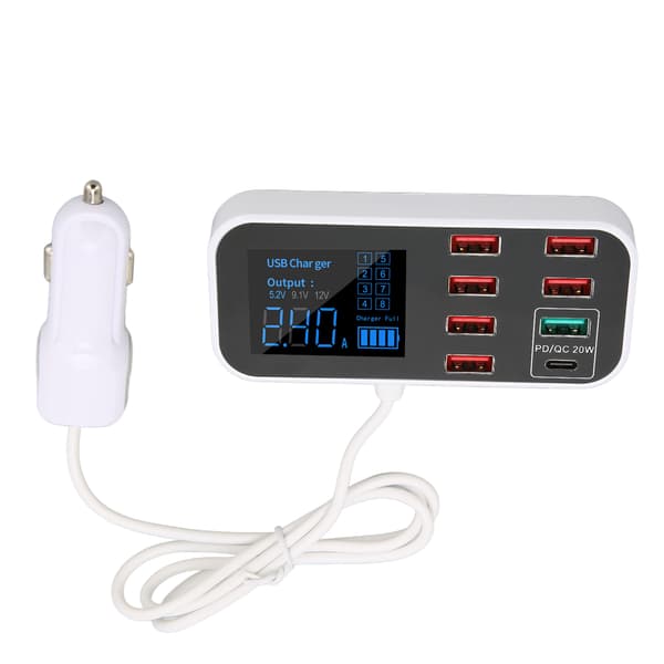 A9S Plus 8 Port 40W Hurtig Biloplader QC 3.0 USB C Multipel Ladestation LCD-display